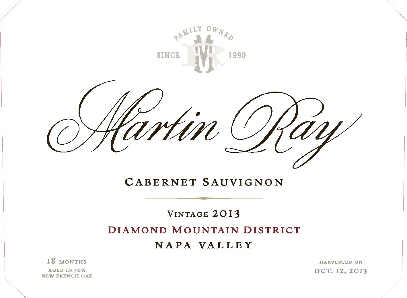 2013 Martin Ray Diamond Mountain Reserve Cabernet Sauvignon Front Label