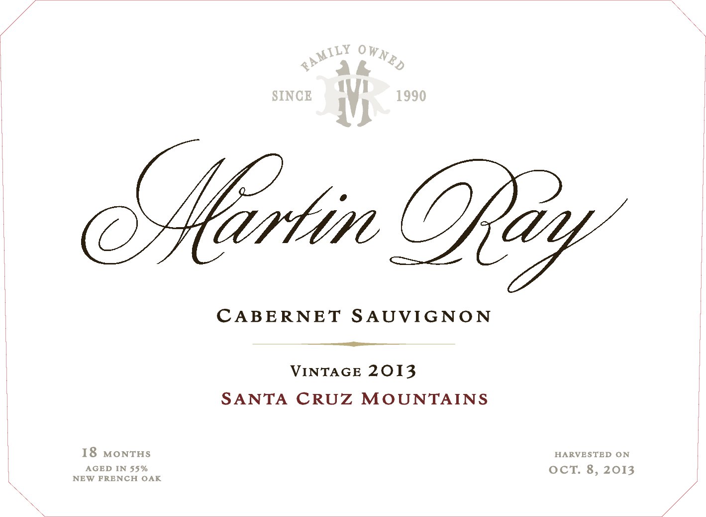 2013 Martin Ray Santa Cruz Mountains Reserve Cabernet Sauvignon Front Label