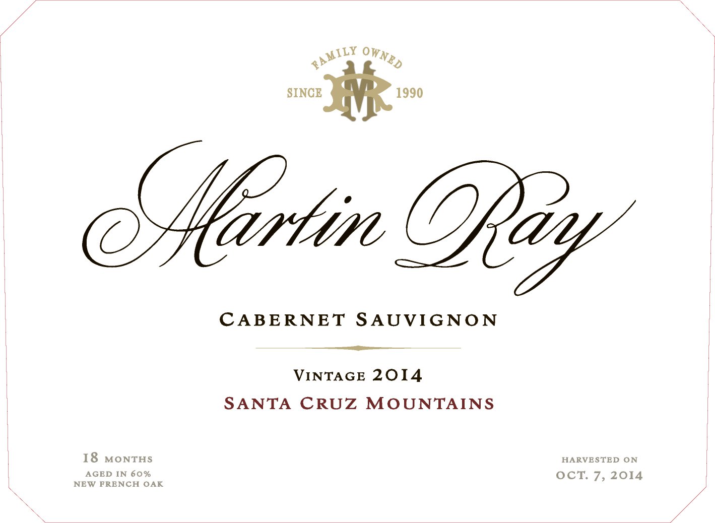 2014 Martin Ray Santa Cruz Mountains Reserve Cabernet Sauvignon Front Label