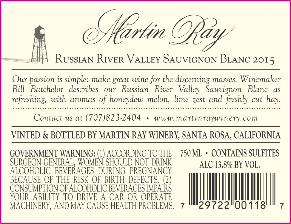 2015 Martin Ray Russian River Valley Sauvignon Blanc Back Label
