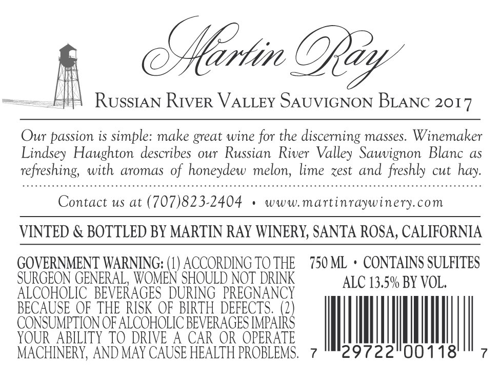 2017 Martin Ray Russian River Valley Sauvignon Blanc Back Label