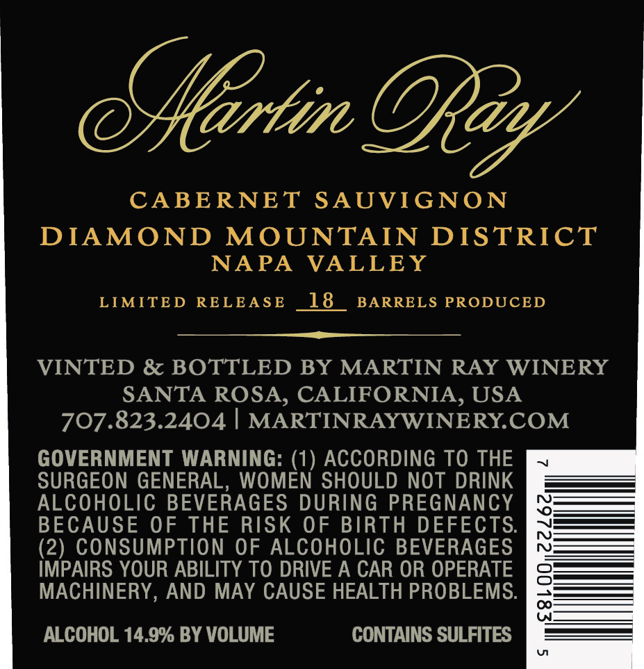 2015 Martin Ray Diamond Mountain Reserve Cabernet Sauvignon Back Label