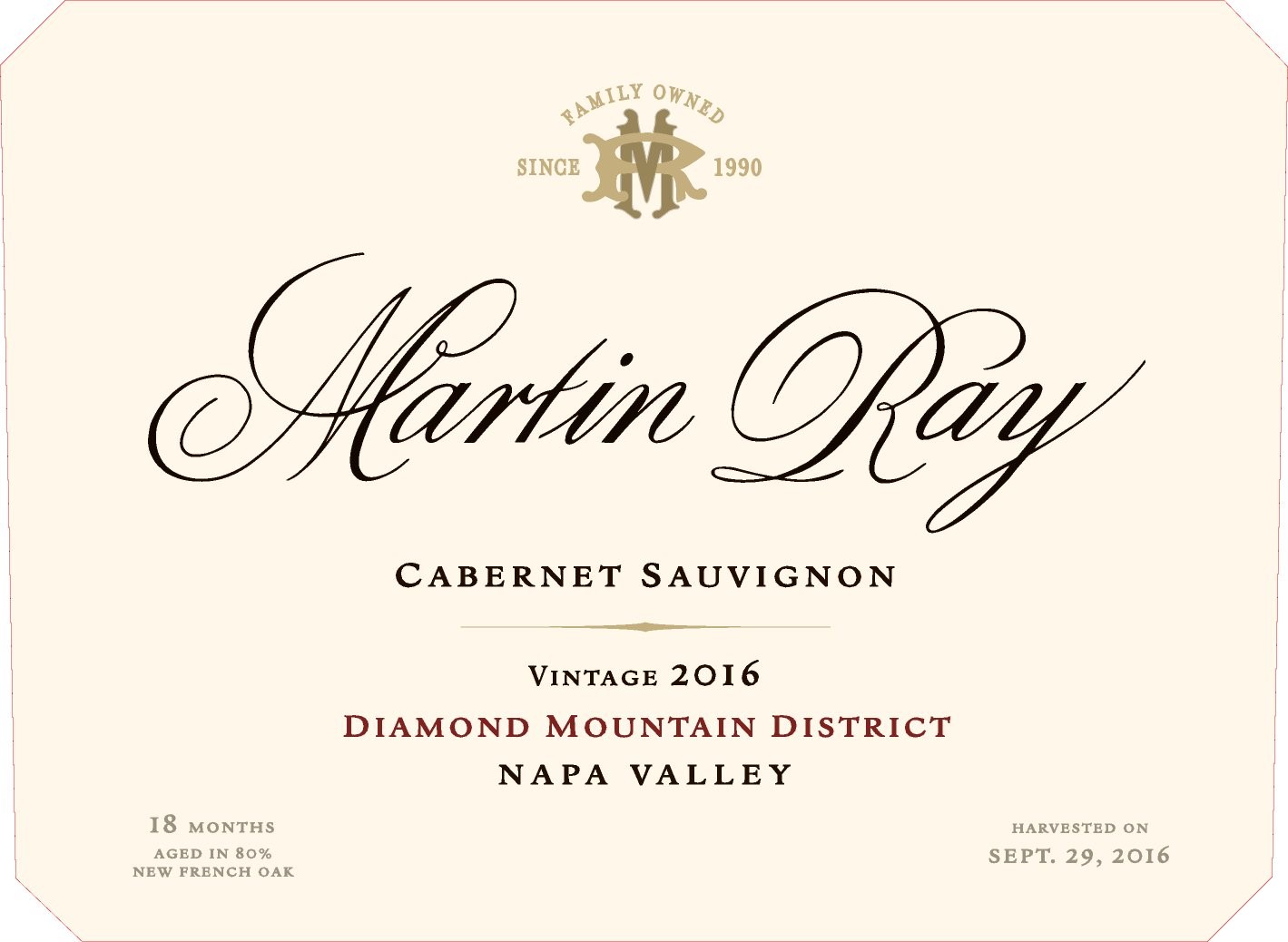 2016 Martin Ray Diamond Mountain Reserve Cabernet Sauvignon Front Label