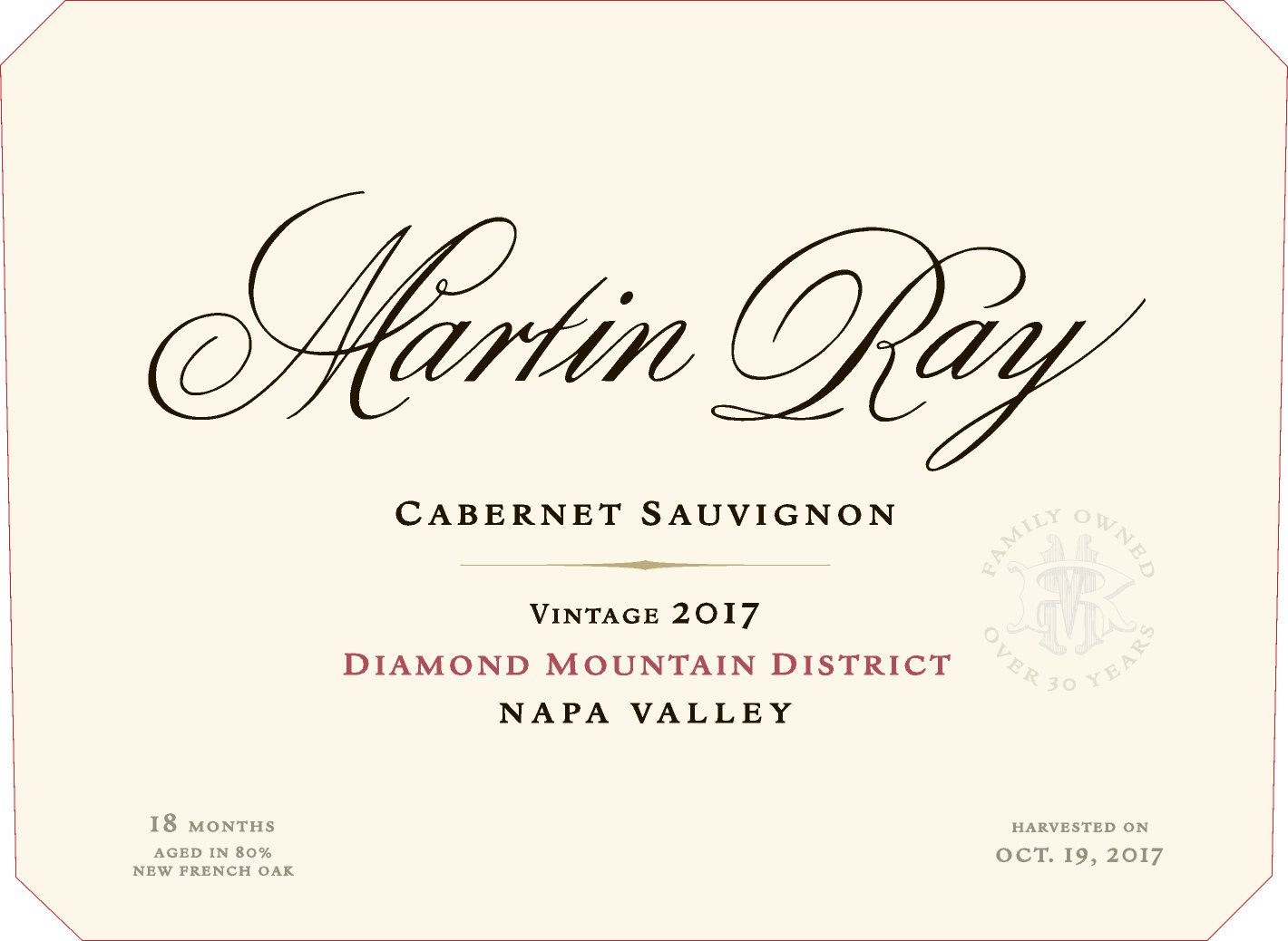 2017 Martin Ray Diamond Mountain Reserve Cabernet Sauvignon Front Label
