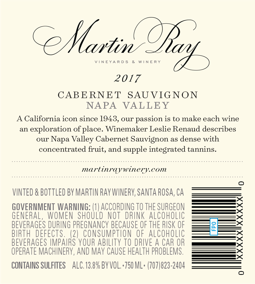 2017 Martin Ray Napa Valley Cabernet Sauvignon Back Label