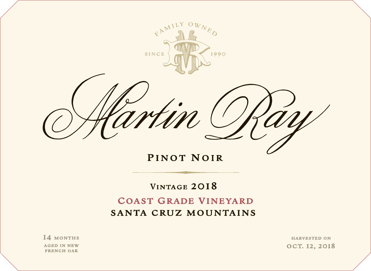 2018 Martin Ray Santa Cruz Mountains Coast Grade Pinot Noir Front Label