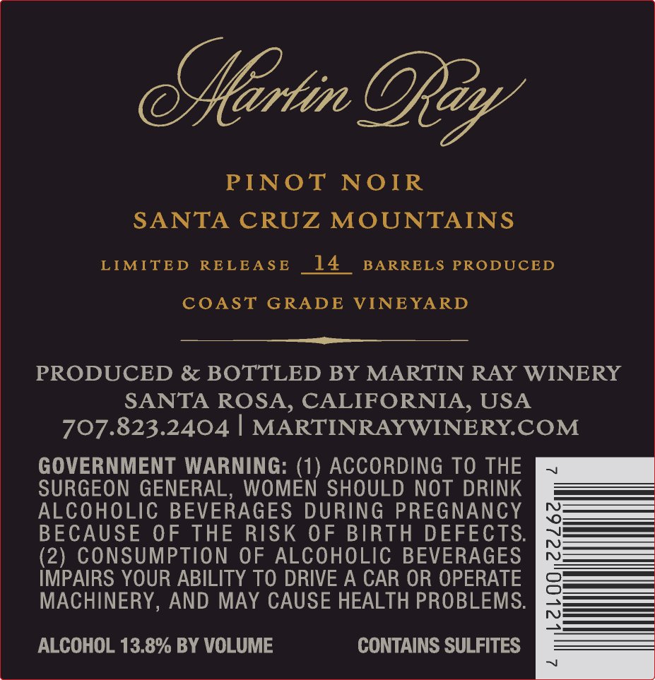 2018 Martin Ray Santa Cruz Mountains Coast Grade Pinot Noir Back Label