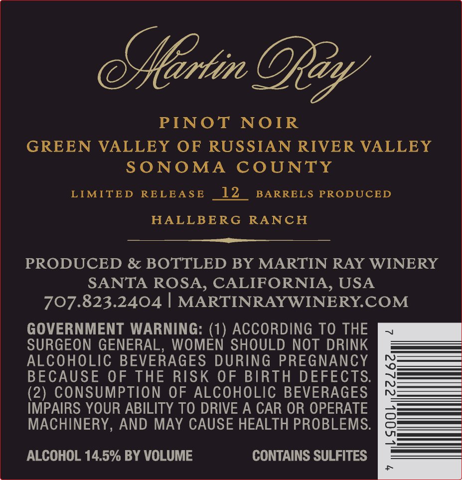 2018 Martin Ray Hallberg Ranch Pinot Noir Back Label