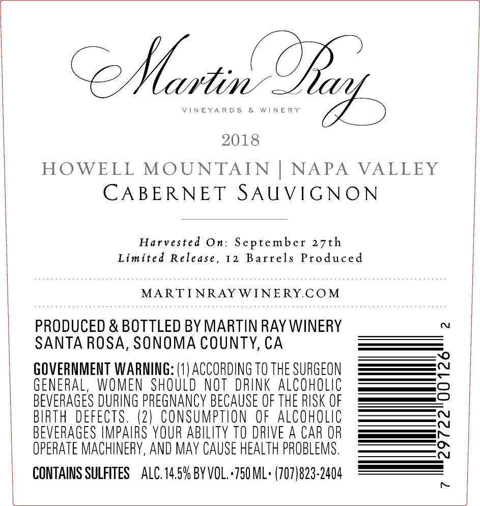 2018 Martin Ray Howell Mountain Reserve Cabernet Sauvignon Back Label