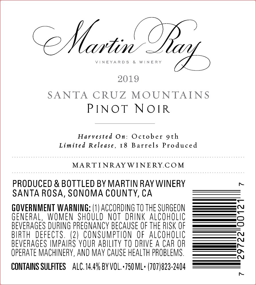 2019 Martin Ray Santa Cruz Mountains Coast Grade Pinot Noir Back Label