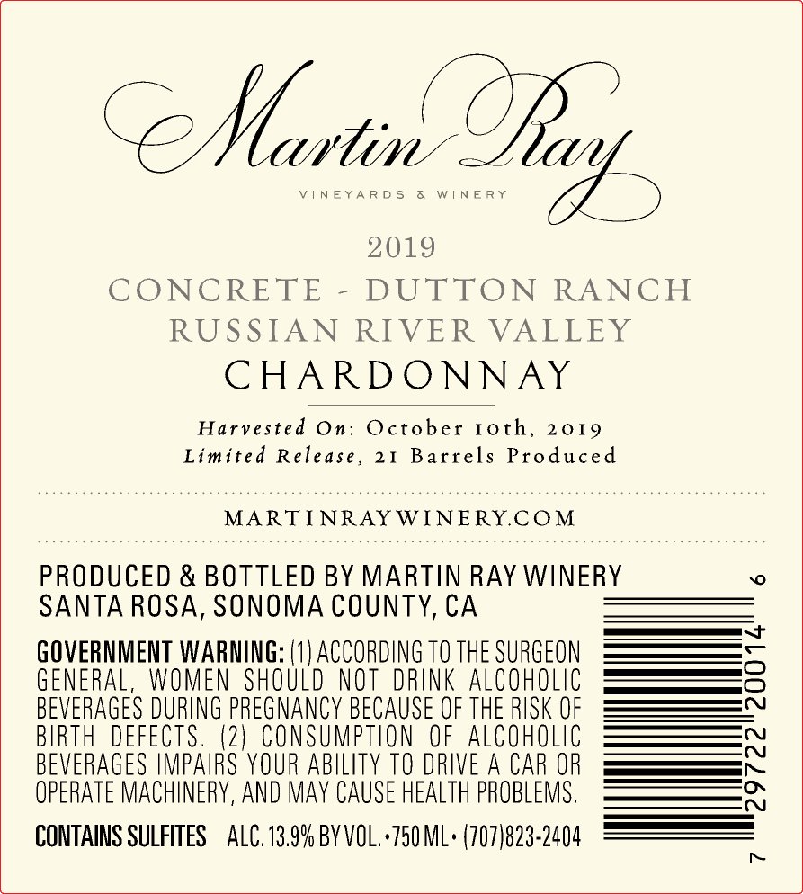 2019 Martin Ray Russian River Valley Dutton Ranch Concrete Back Label