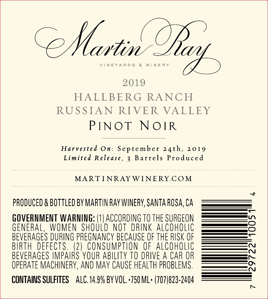 2019 Martin Ray Russian River Valley Hallberg Ranch Pinot Noir Back Label