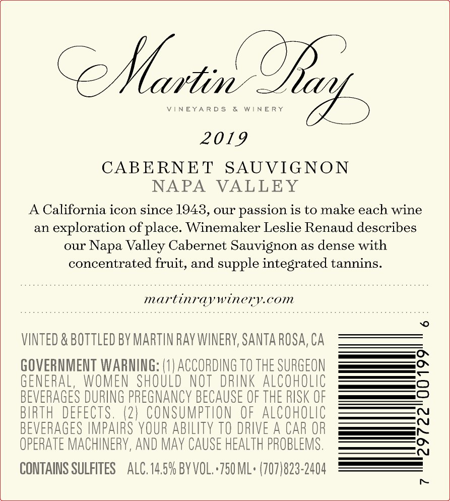 2019 Martin Ray Napa Valley Cabernet Sauvignon Back Label