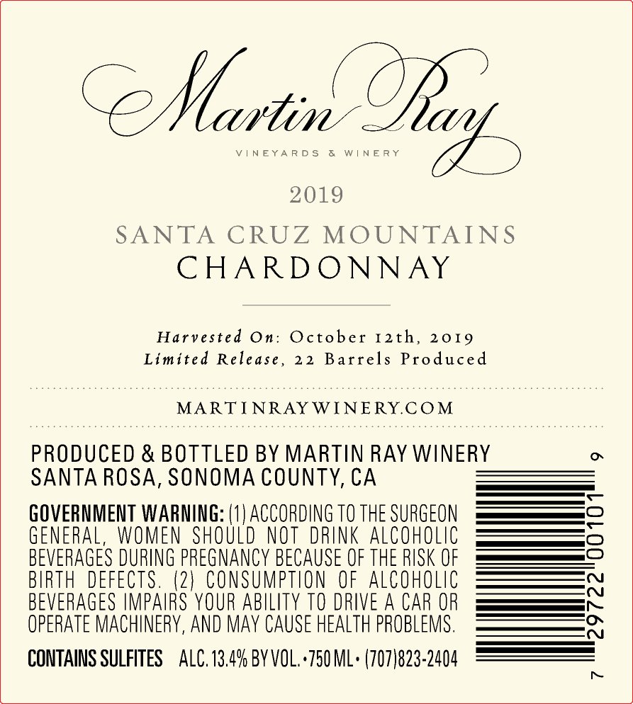 2019 Martin Ray Santa Cruz Mountains Chardonnay Back Label