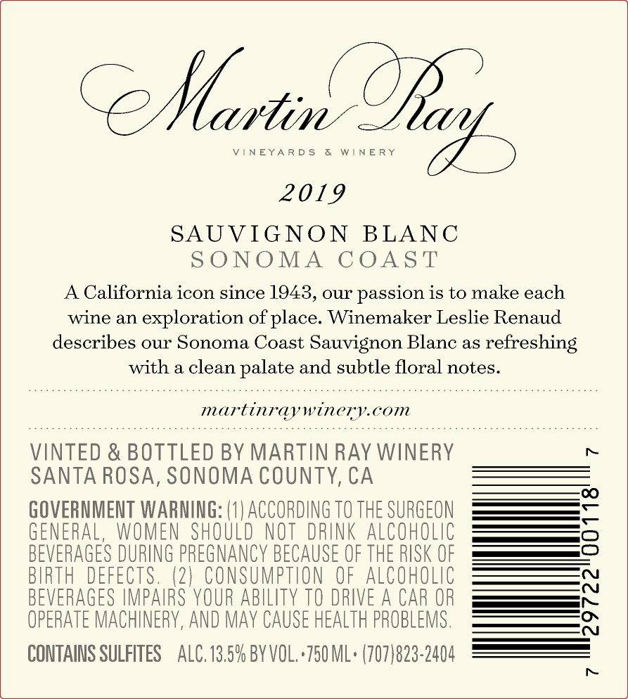 2019 Martin Ray Sonoma Coast Sauvignon Blanc Back Label