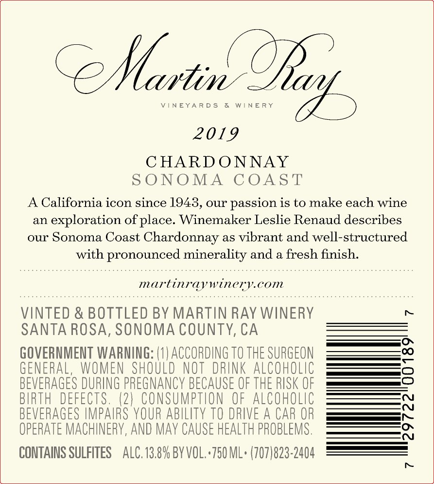 2019 Martin Ray Sonoma Coast Chardonnay Back Label