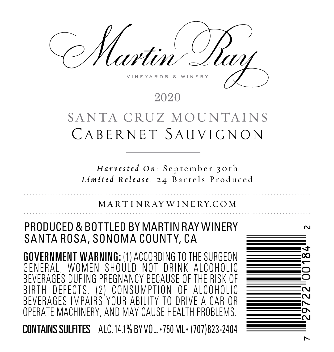 2020 Martin Ray Santa Cruz Mountains Reserve Cabernet Sauvignon Back Label
