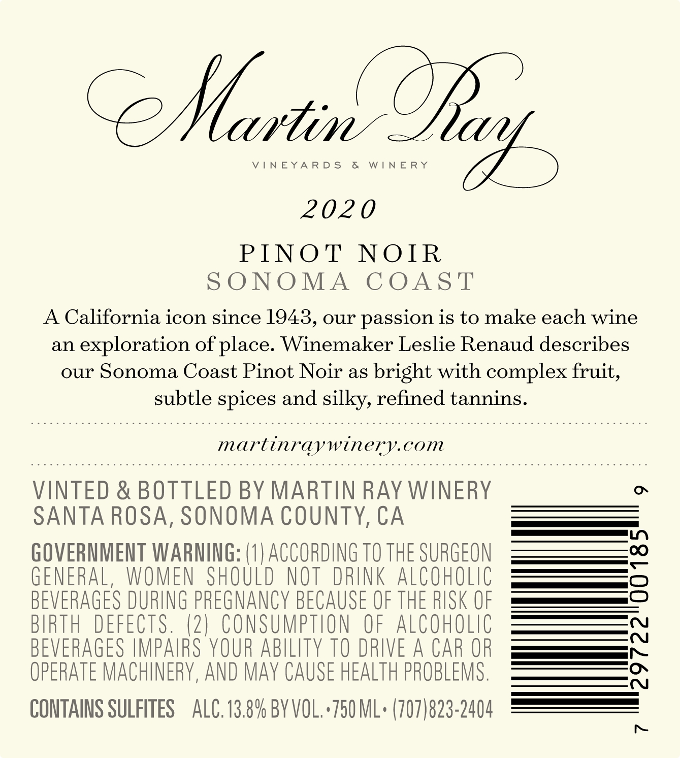 2020 Martin Ray Sonoma Coast Pinot Noir Back Label