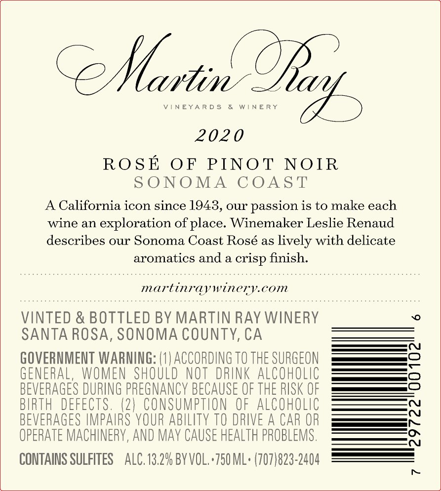 2020 Martin Ray Sonoma Coast Rosé Of Pinot Noir Back Label