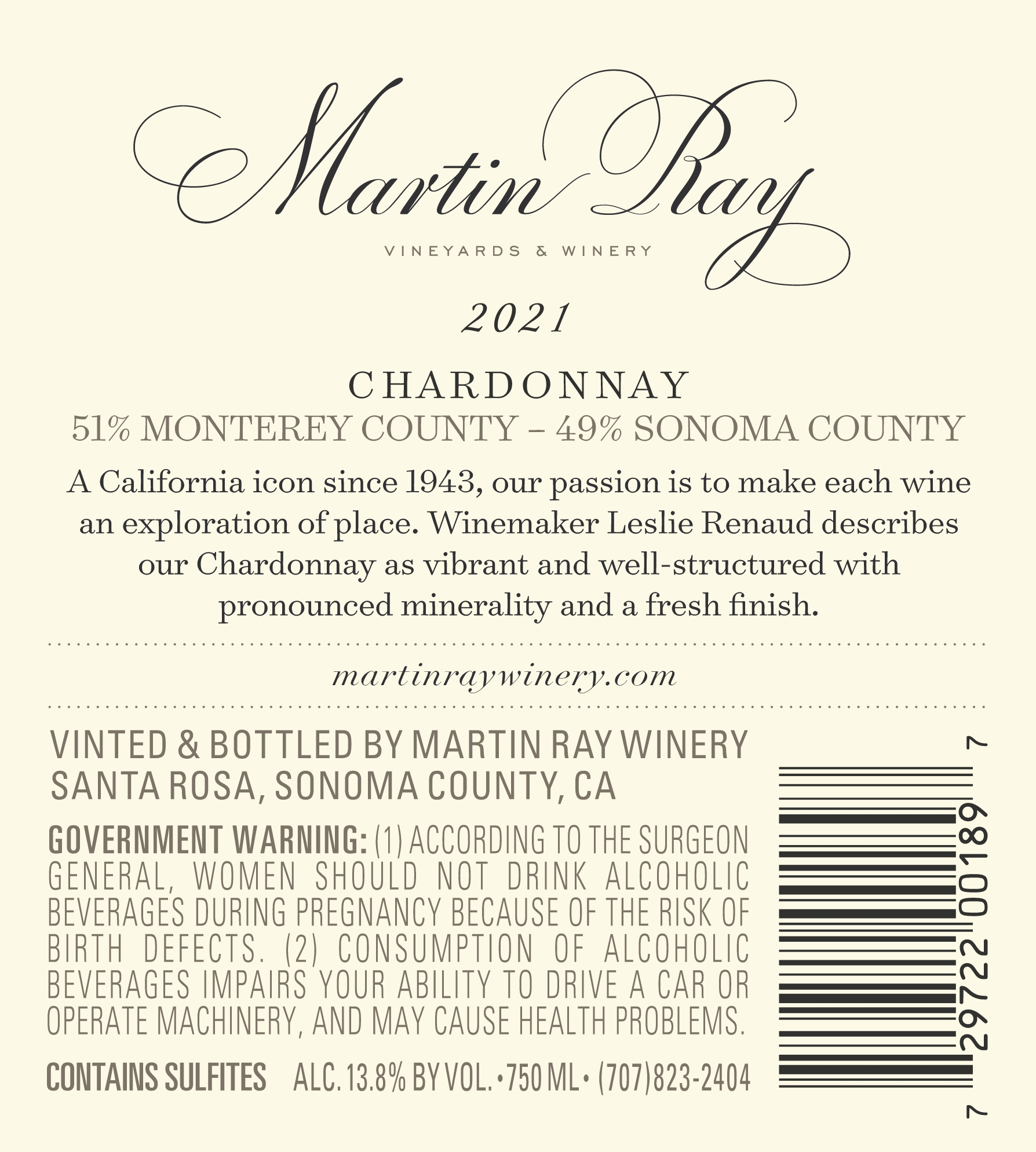 2021 Martin Ray Chardonnay Back Label