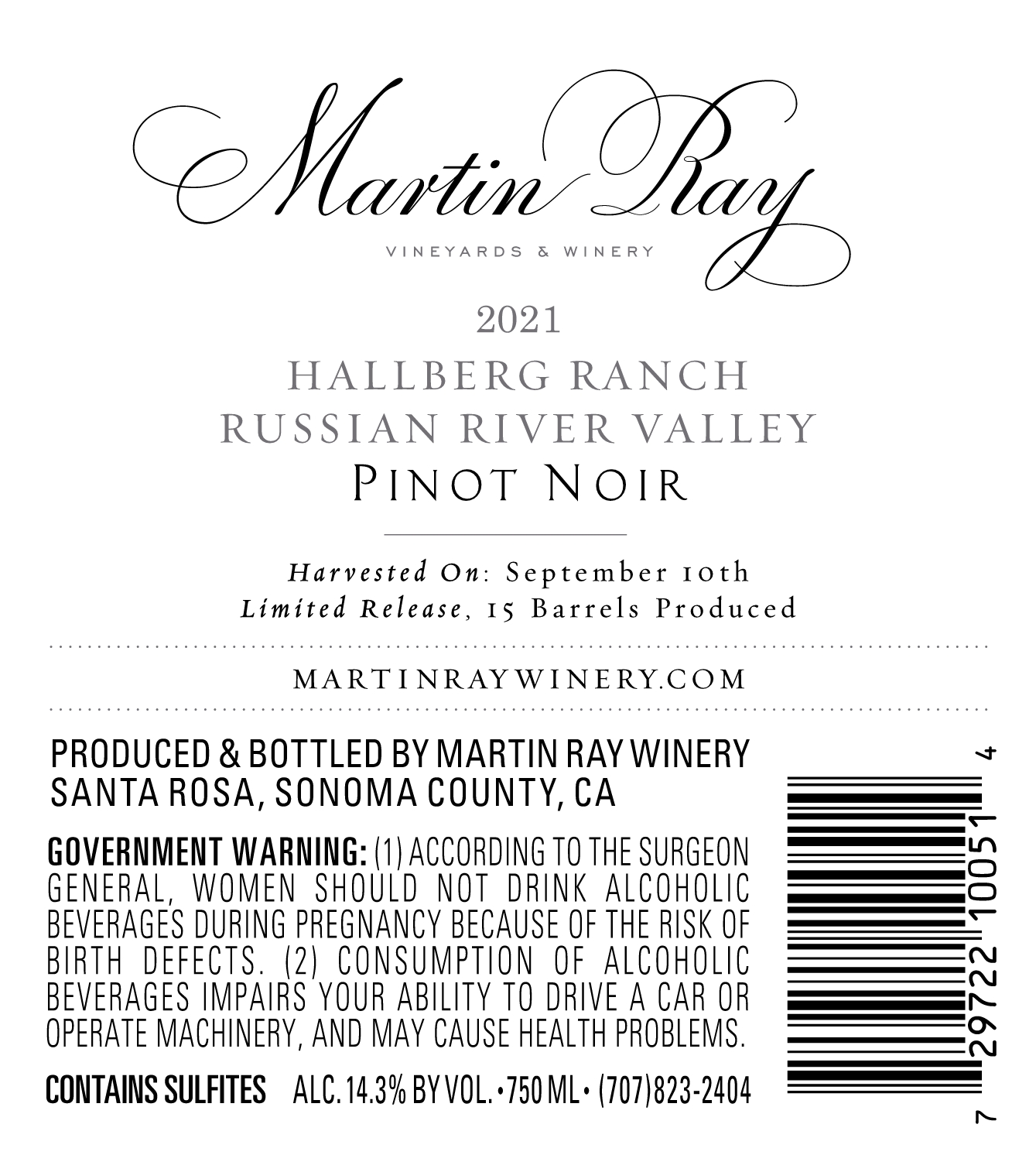 2021 Martin Ray Russian River Valley Hallberg Ranch Pinot Noir Back Label