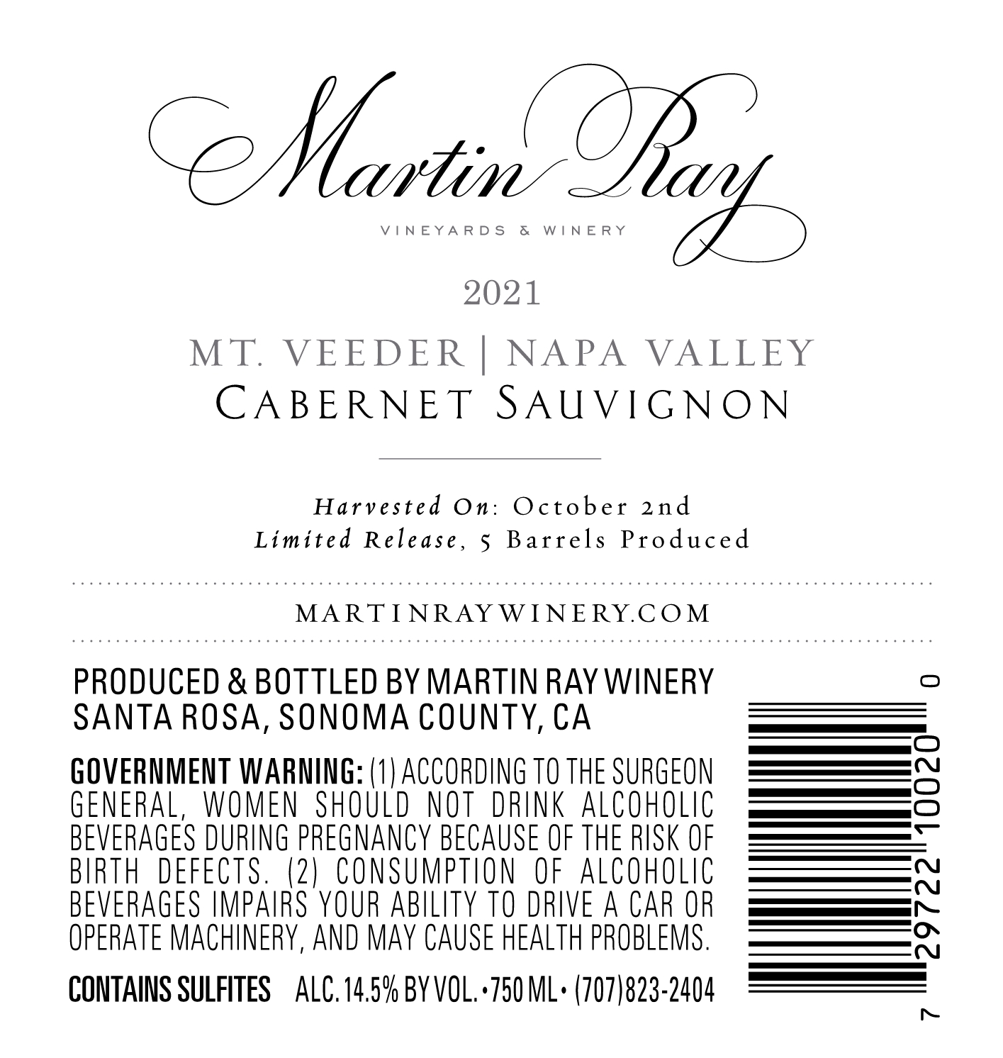 2021 Martin Ray Mt. Veeder Reserve Cabernet Sauvignon Back Label