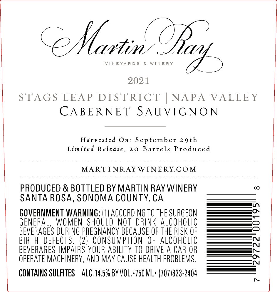 2021 Martin Ray Stags Leap District Reserve Cabernet Sauvignon Back Label
