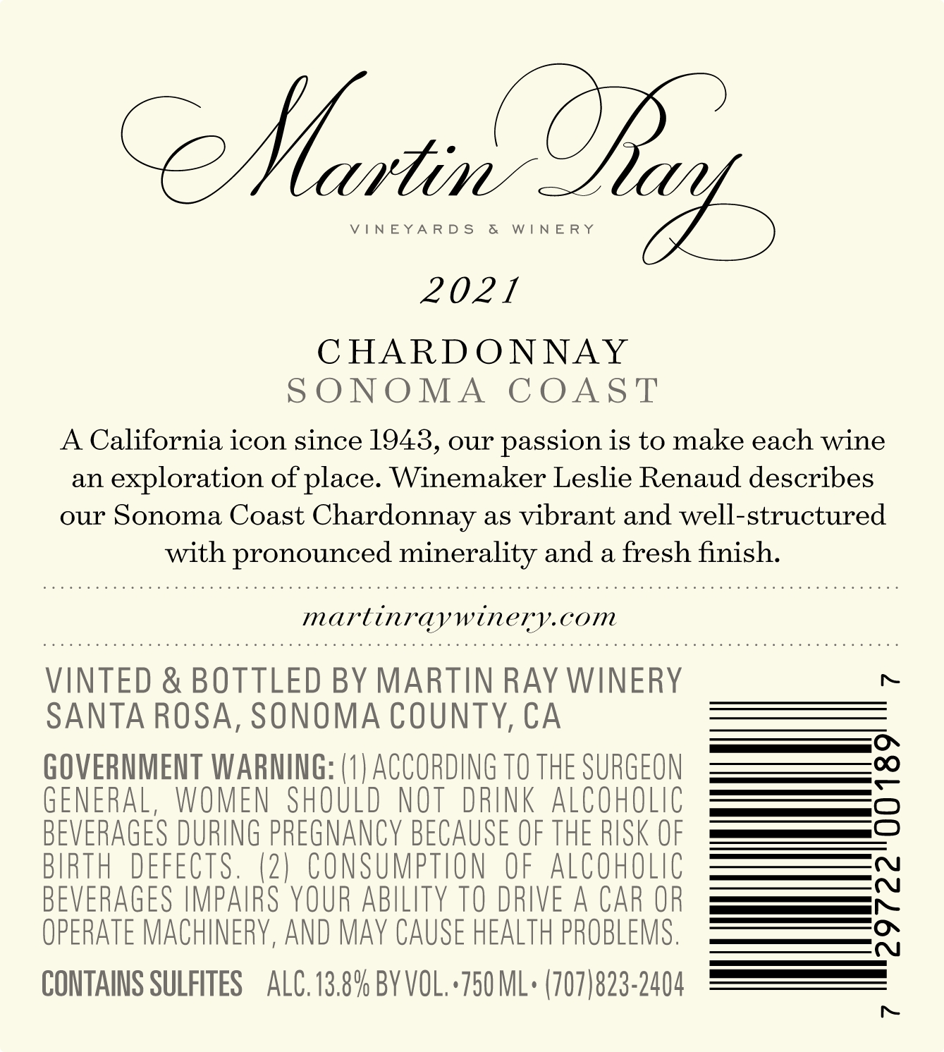 2021 Martin Ray Sonoma Coast Chardonnay Back Label