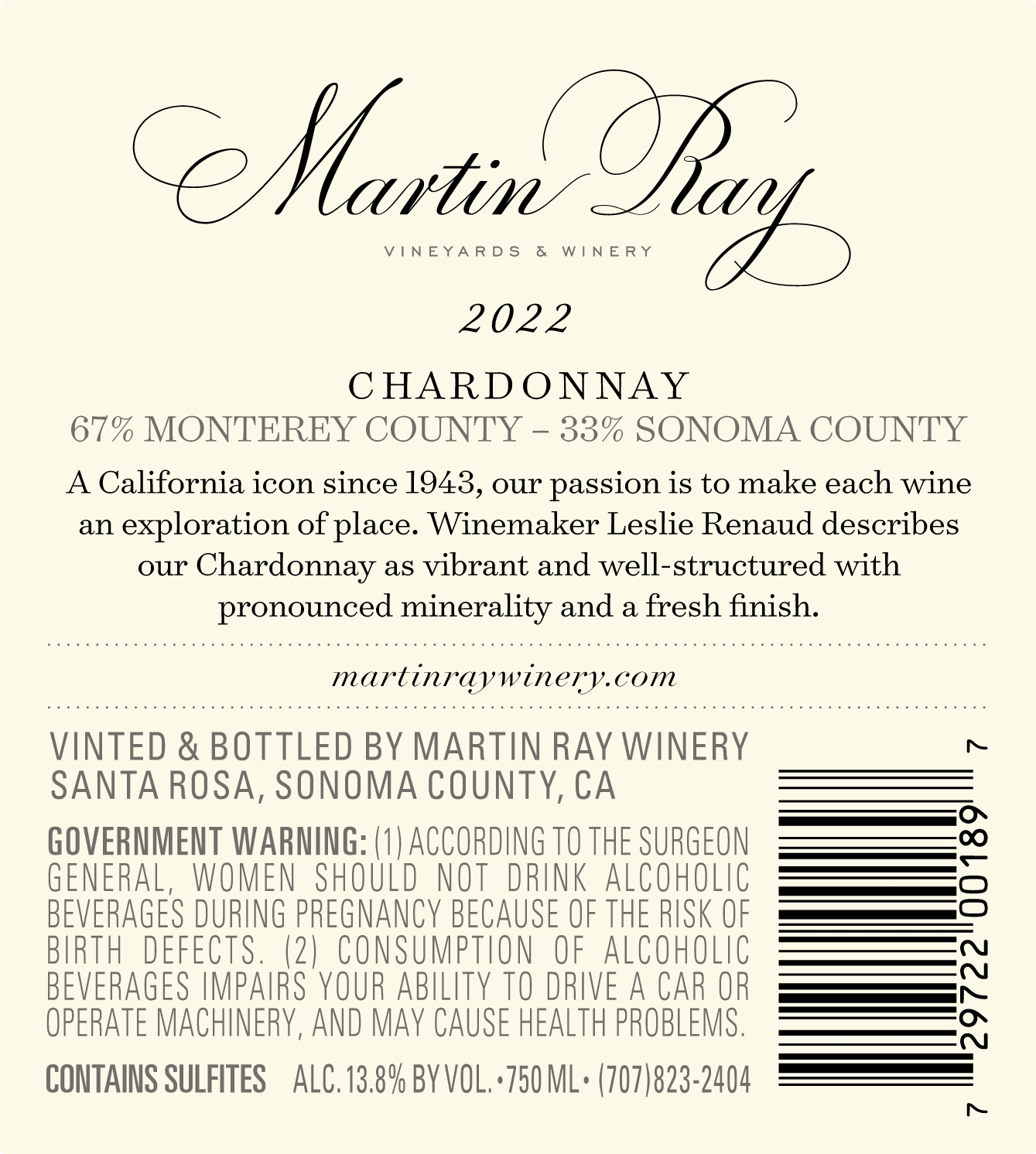 2022 Martin Ray Chardonnay Back Label