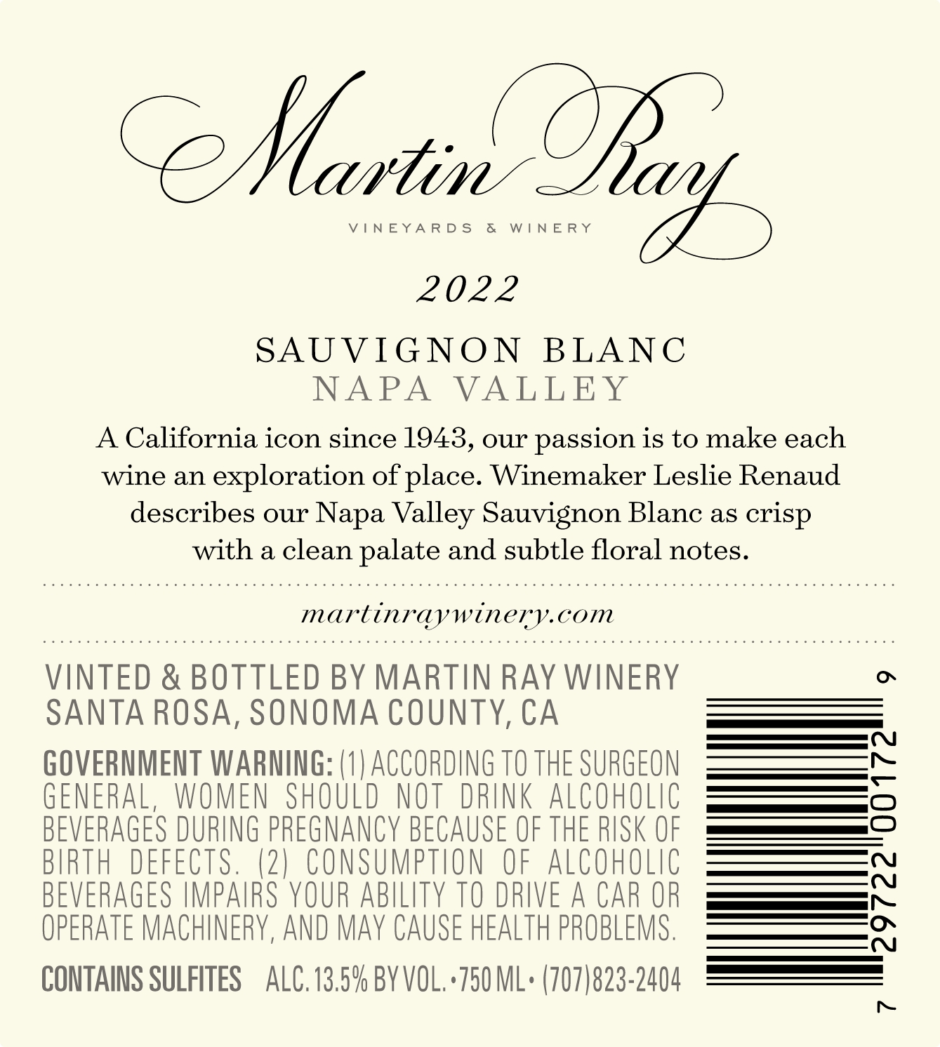2022 Martin Ray Napa Valley Sauvignon Blanc Back Label