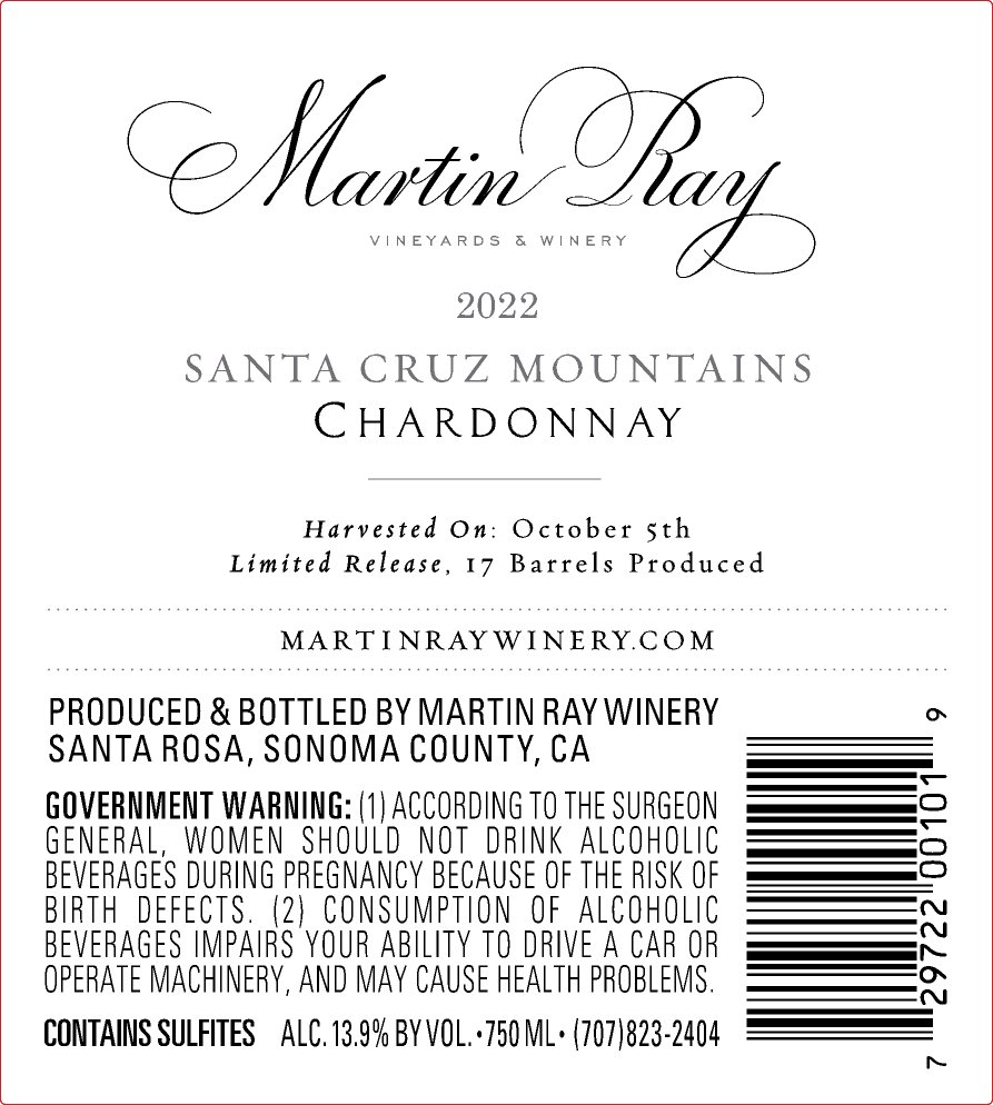 2022 Martin Ray Santa Cruz Mountains Chardonnay Back Label