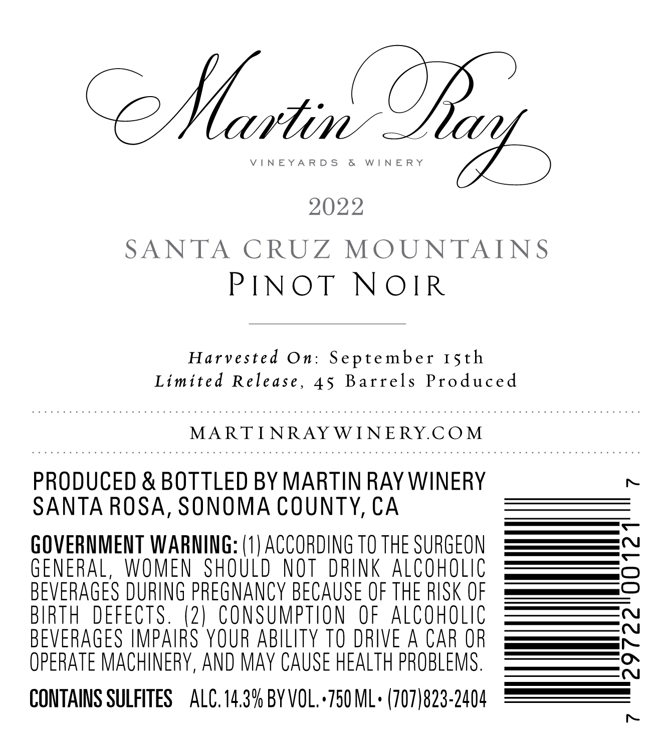 2022 Martin Ray Santa Cruz Mountains Pinot Noir Back Label