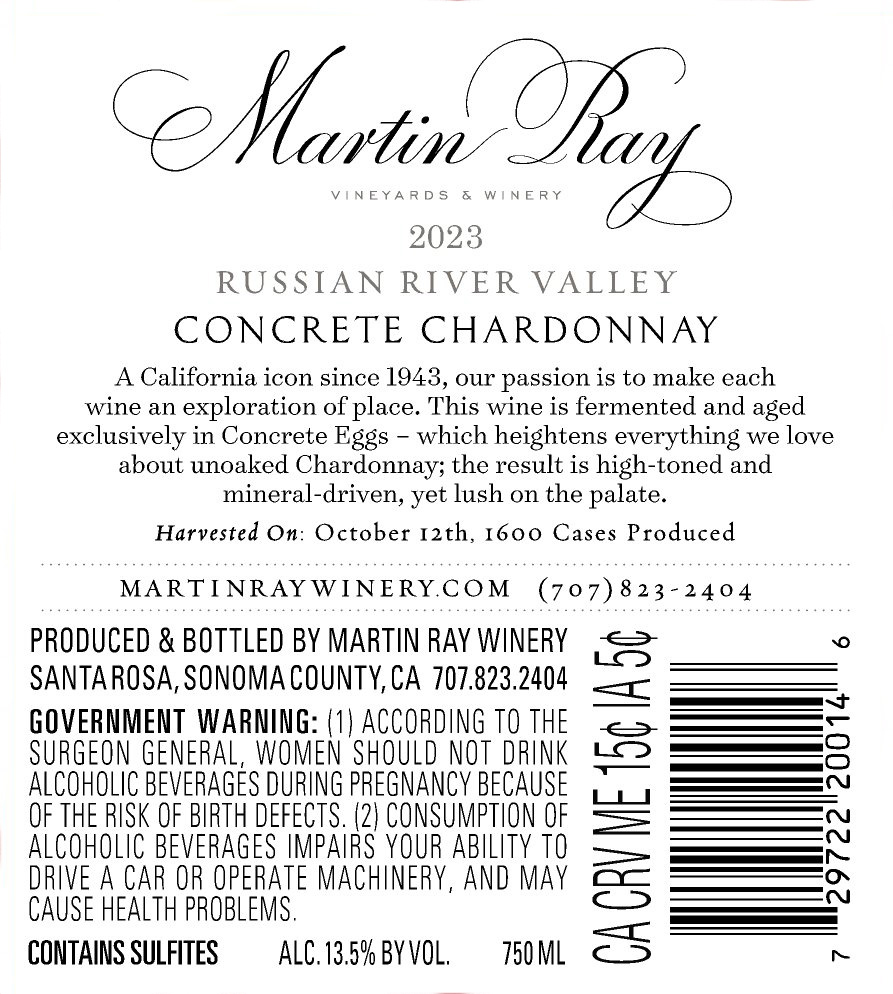 2023 Martin Ray Russian River Valley Concrete Chardonnay Back Label