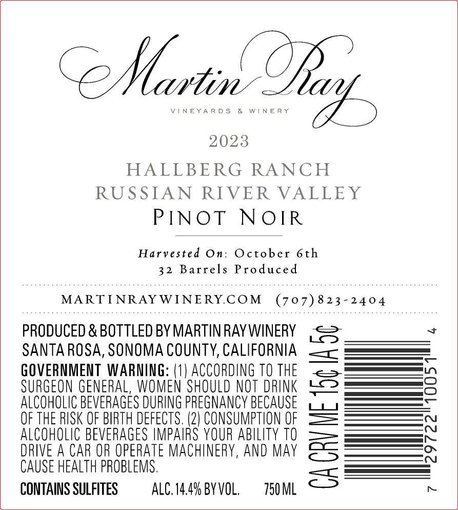 2023 Martin Ray Russian River Valley Hallberg Ranch Pinot Noir Back Label