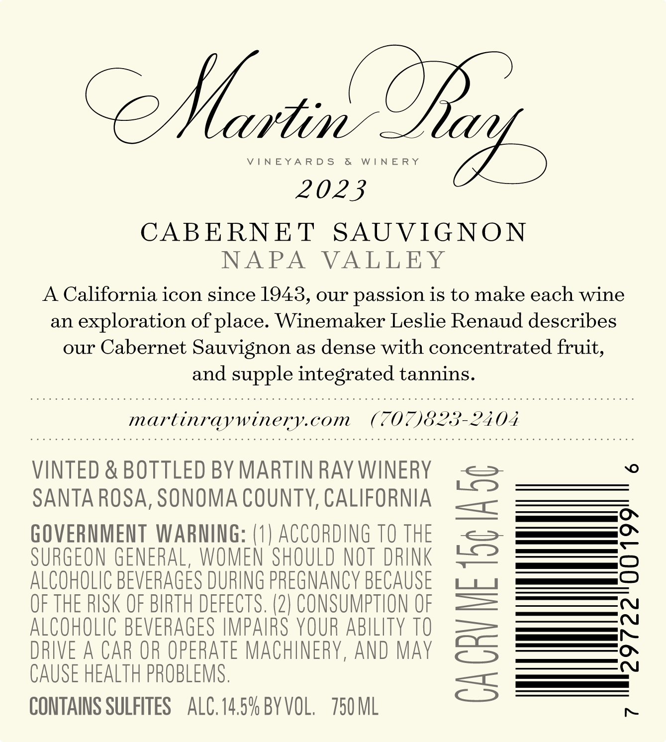 2023 Martin Ray Napa Valley Cabernet Sauvignon Back Label