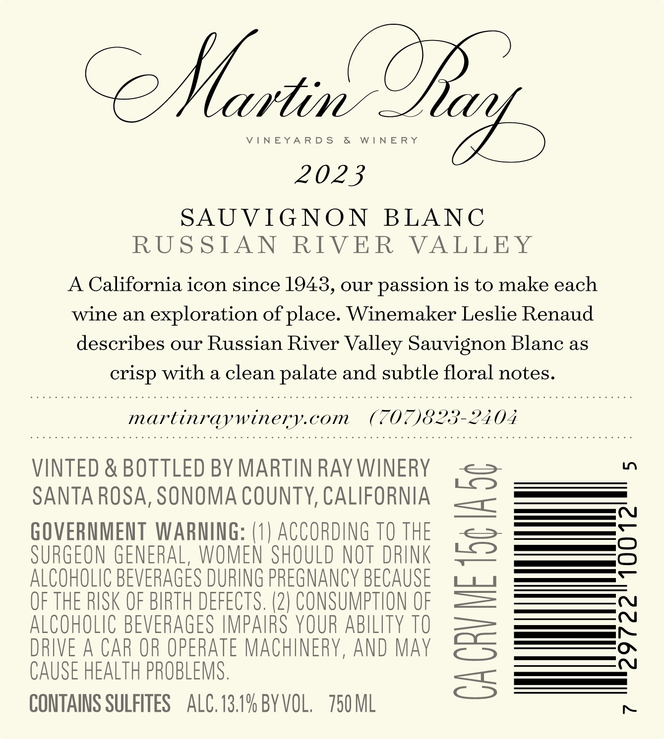 2023 Martin Ray Sauvignon Blanc Back Label