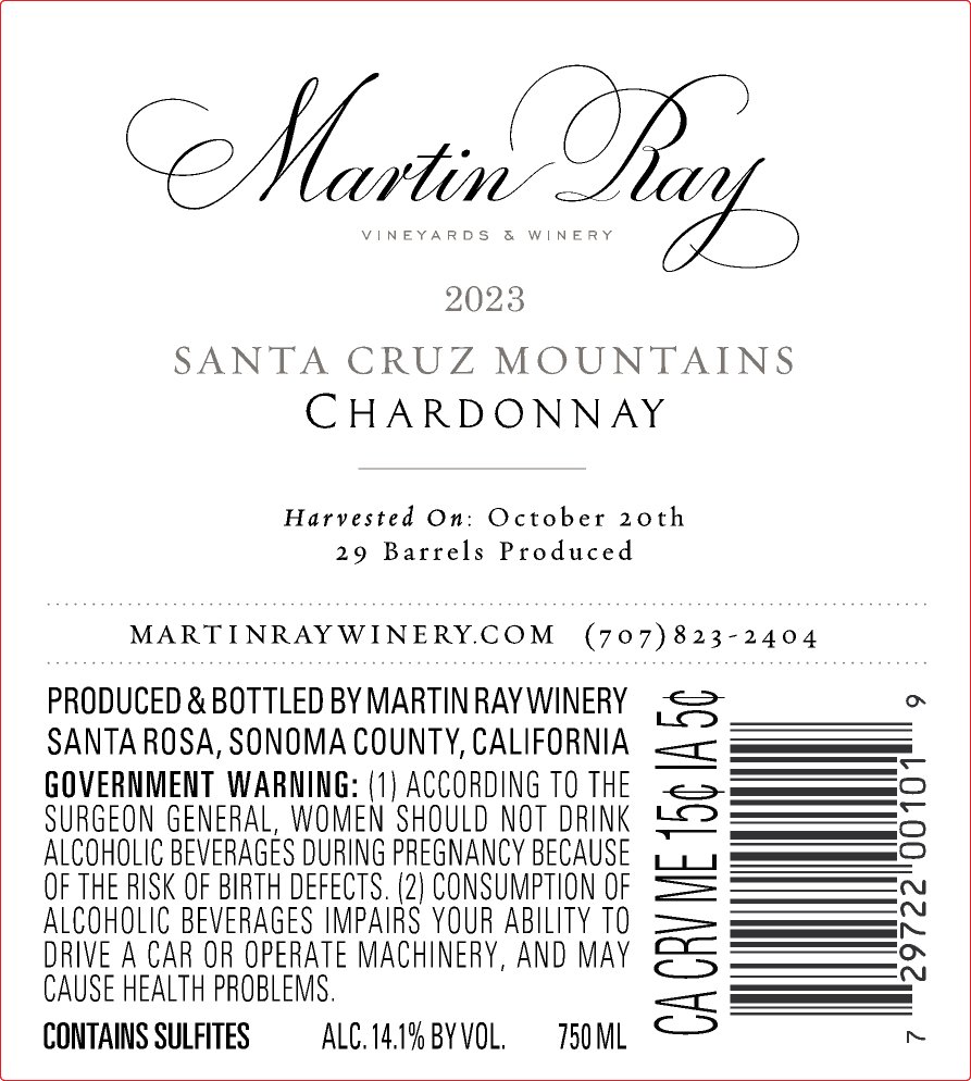 2023 Martin Ray Santa Cruz Mountains Chardonnay Back Label