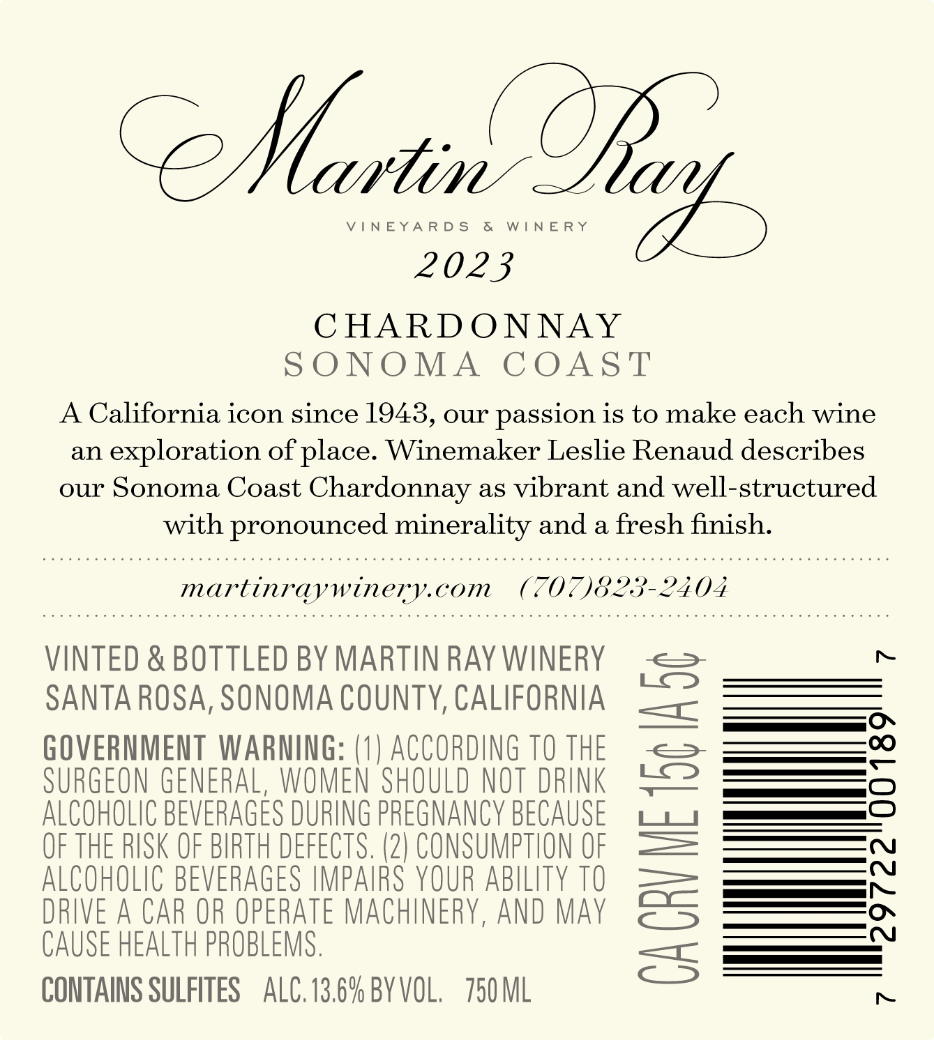 2023 Martin Ray Sonoma Coast Chardonnay Back Label