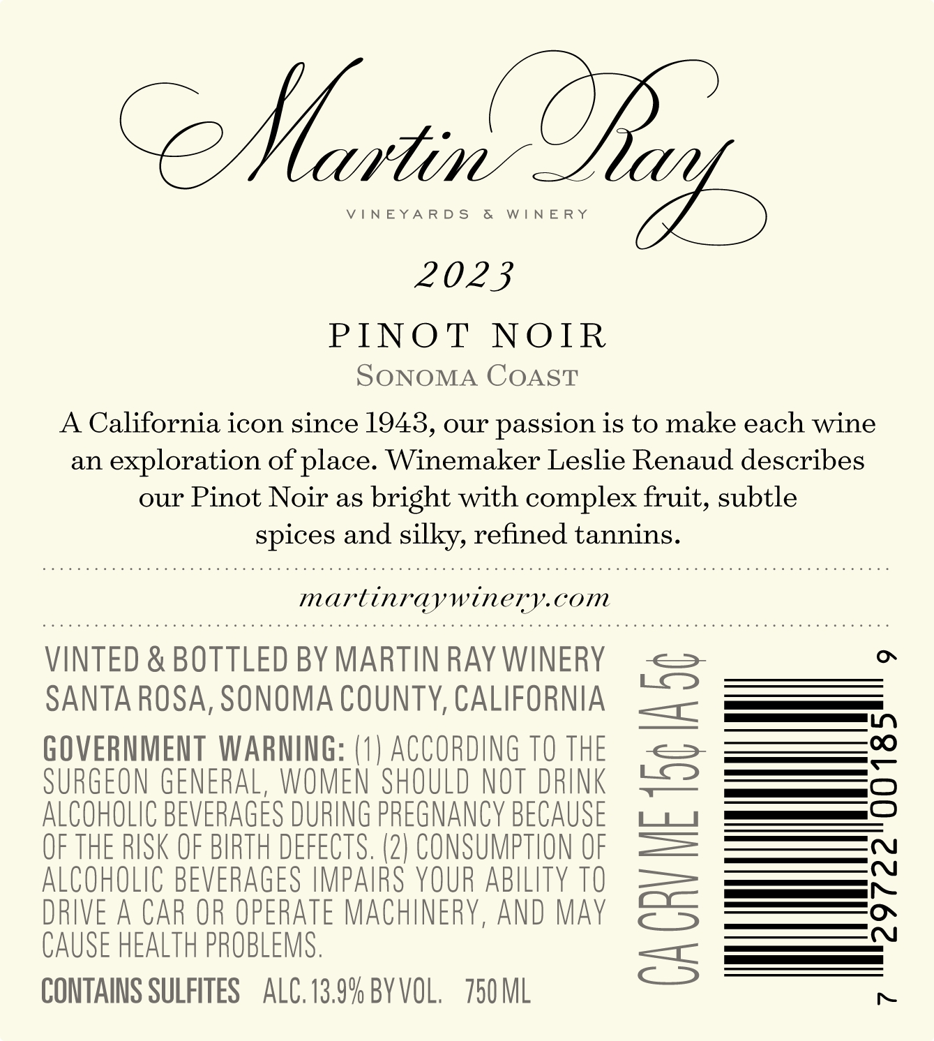2023 Martin Ray Sonoma Coast Pinot Noir Back Label