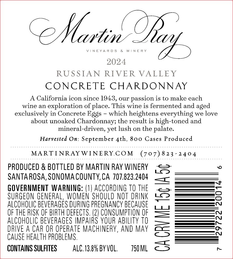 2024 Martin Ray Russian River Valley Concrete Chardonnay Back Label