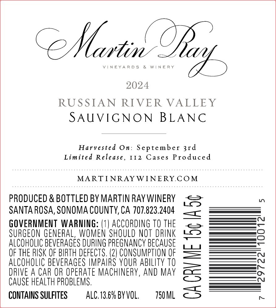 2024 Martin Ray Sauvignon Blanc Back Label
