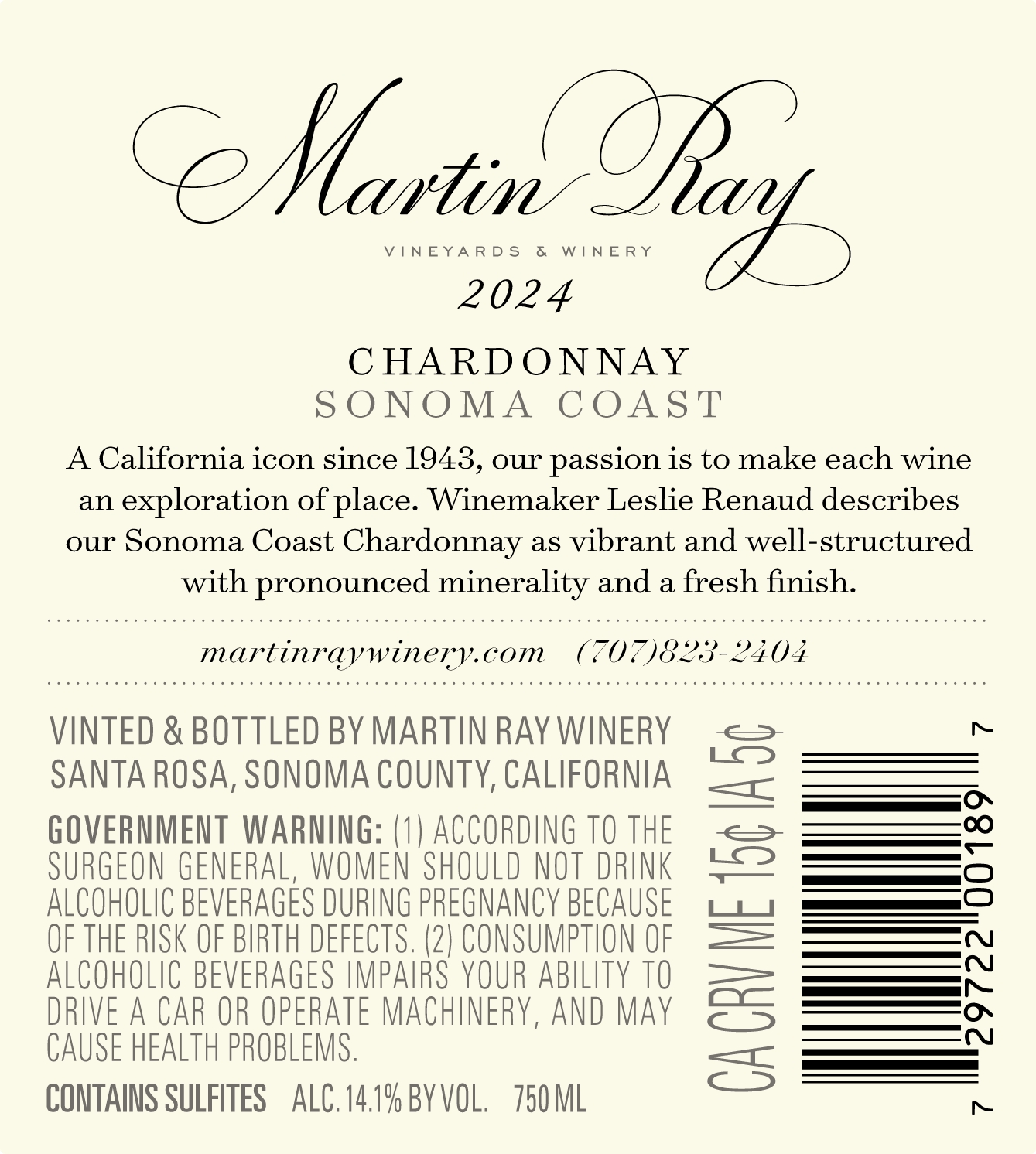 2024 Martin Ray Sonoma Coast Chardonnay Back Label