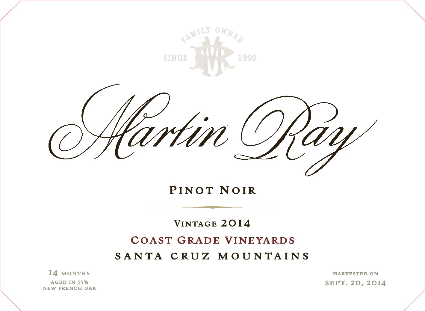 2014 Martin Ray Santa Cruz Mountains Coast Grade Pinot Noir Front Label