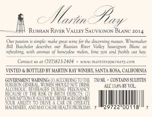 2014 Martin Ray Russian River Valley Sauvignon Blanc Back Label