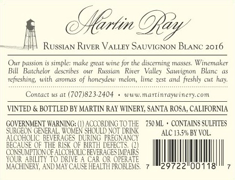2016 Martin Ray Russian River Valley Sauvignon Blanc Back Label