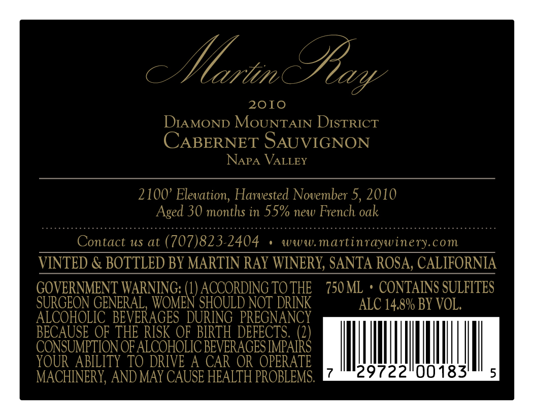 2010 Martin Ray Diamond Mountain Reserve Cabernet Sauvignon Back Label