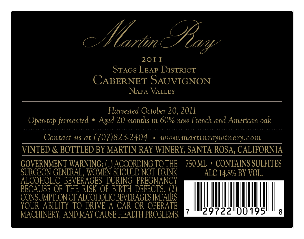 2011 Martin Ray Stags Leap District Reserve Cabernet Sauvignon Back Label