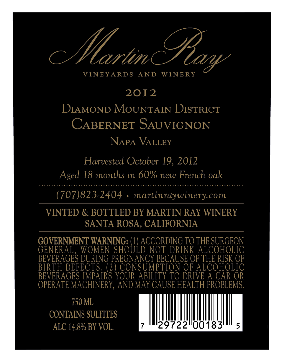 2012 Martin Ray Diamond Mountain Reserve Cabernet Sauvignon Back Label