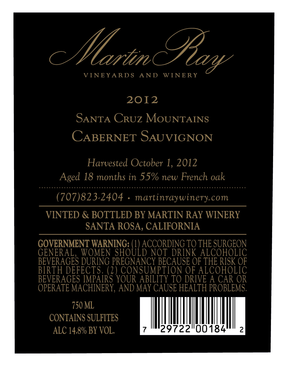 2012 Martin Ray Santa Cruz Mountains Reserve Cabernet Sauvignon Back Label