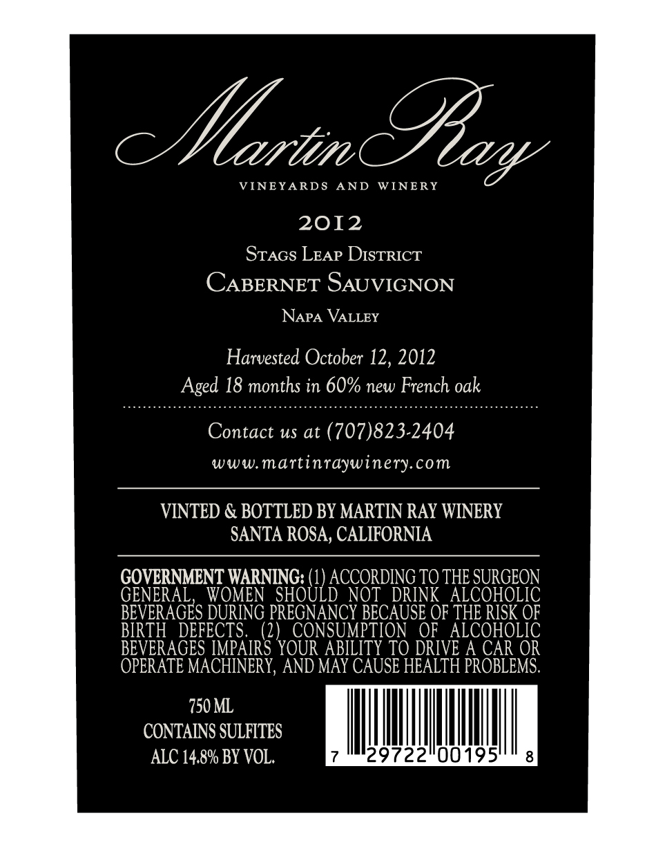 2012 Martin Ray Stags Leap District Reserve Cabernet Sauvignon Back Label